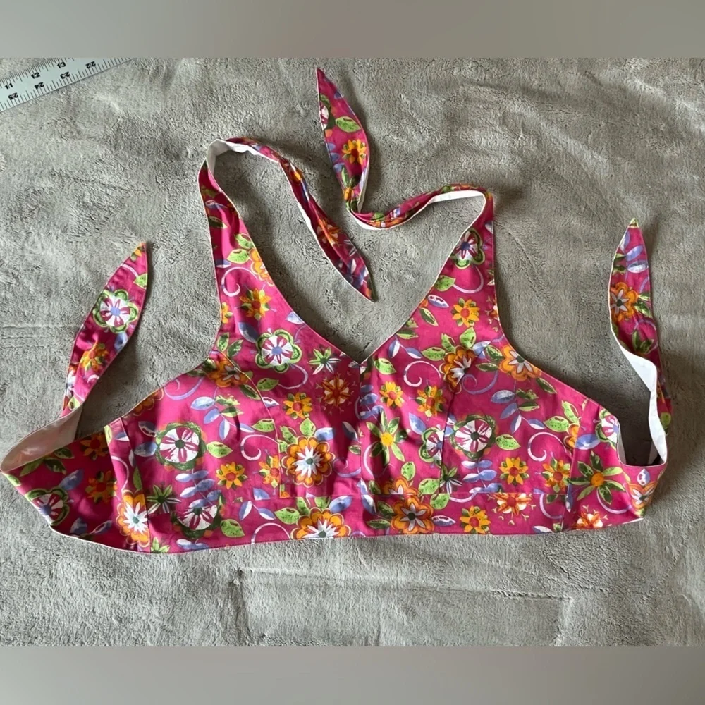 Vintage Y2K My Michelle Pink Floral Print Cropped V Neck Halter Top Retro 90’s S